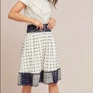 Anthropologie Maeve Jansen Embroidered Creme White Navy Blue Skirt Small